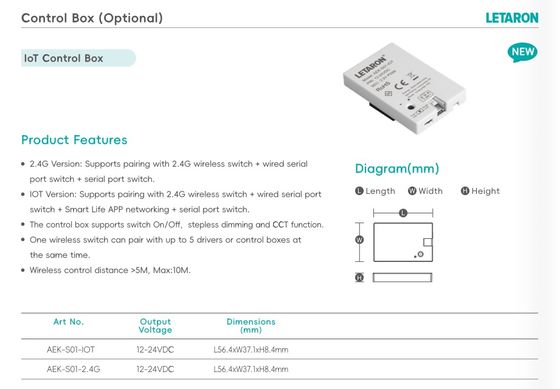 Controlador LED inteligente, voltaje constante, 100-277V, fuente de alimentación, gabinete, muebles, controlador LED global, Caja de control lOT opcional con atenuación y cambio de color