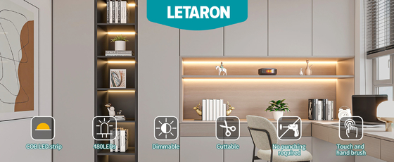 LETARON Tira de Luces LED COB 24V, Tira de LED, 480 LED/M, Super Brillante Alto Lumen 3000K Blanco Cálido 3m, Regulable con Cinta 3M, Fuente de Alimentación UL de 30W, INTERRUPTOR TÁCTIL para Dormitorio, Hogar, Cocina DIY