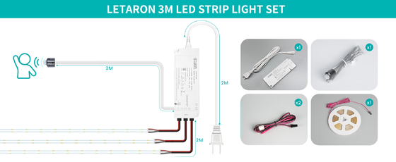 Tira de Luces LED LETARON COB 24V, Tira de LED, 480 LED/M, Super Brillante Alto Lumen 6000K Blanco 3m, Regulable con Cinta 3M, Fuente de Alimentación UL de 30W, INTERRUPTOR TÁCTIL para Dormitorio, Hogar, Cocina DIY