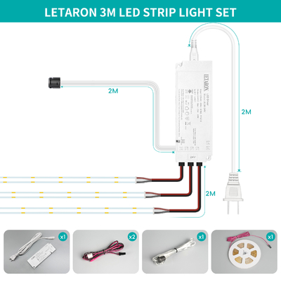 Tira de Luces LED LETARON COB 24V, Tira de LED, 480 LED/M, Super Brillante Alto Lumen 6000K Blanco 3m, Regulable con Cinta 3M, Fuente de Alimentación UL de 30W, INTERRUPTOR TÁCTIL para Dormitorio, Hogar, Cocina DIY