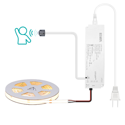Tira de luces LED LETARON COB de 24 V, tira de LED, 480 LED/M, súper brillante, alto lumen, 3000 K, blanco cálido, 5 m, regulable con cinta de 5 m, fuente de alimentación UL de 60 W, interruptor PIR para dormitorio, hogar, cocina, bricolaje